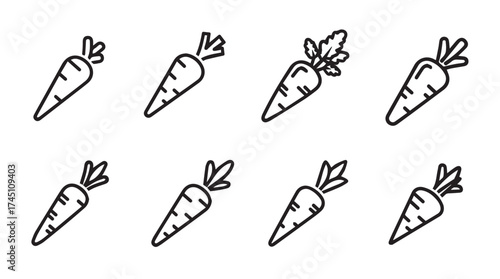 Eight whimsical hand-drawn carrot icons celebrating fresh root vegetable goodness vector
