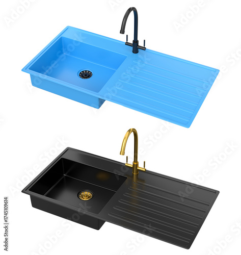 Set of kitchen sink with water tap on white background. 3d render of kitchen furniture and worktop for preparing food