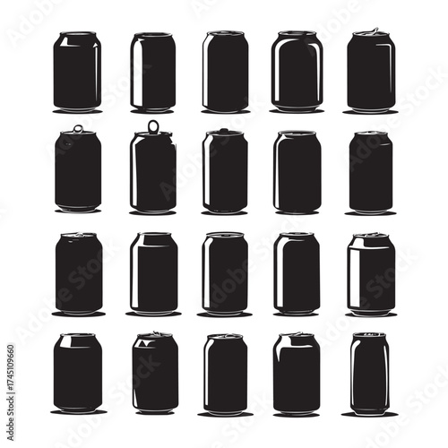Collection of diverse beer can silhouettes in black and white