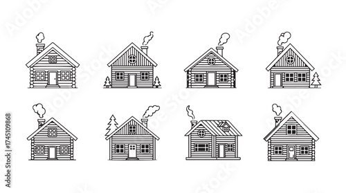 Set of hand drawn rustic log cabins with smoke emanating from chimneys atmospheric sketch collection vector