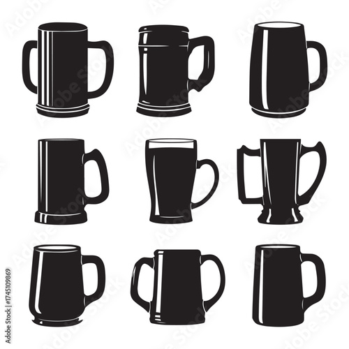 Collection of black and white beer mug silhouettes