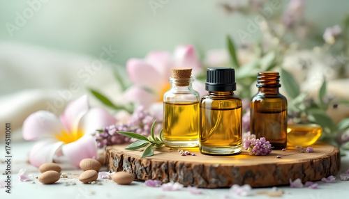 Holztablett mit Glasfläschchen ätherischer Öle