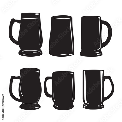 Set of black and white beer mug silhouettes