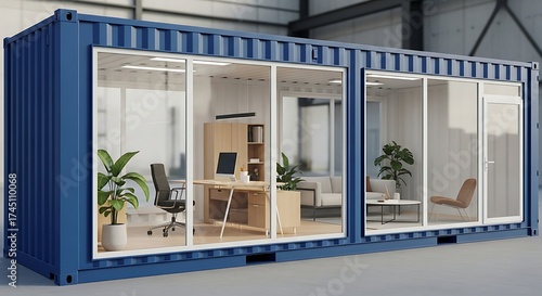 Modern office space inside a blue shipping container with glass windows