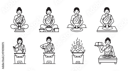 Monks performing traditional cooking rituals buddhist culinary arts line art vector