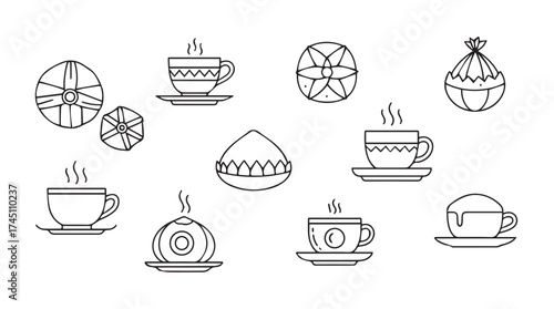 Hand drawn coffee cups and desserts collection simple outline art vector