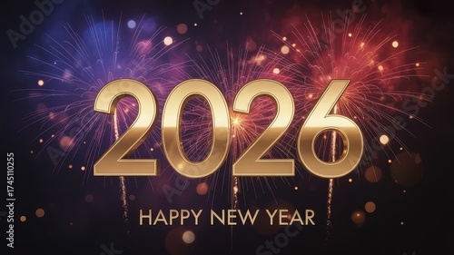 Majestic 2026 New Year card with regal gold 3D numbers, royal fireworks and elegant black backdrop