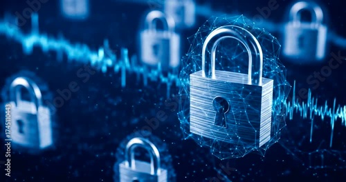 Digital security concept with padlocks and sound waves in background