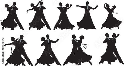 Ballroom dance couple silhouettes, elegant poses, formal attire, waltz, tango, foxtrot, black figures, graceful movement, romantic dancing, vintage style, performance, choreography