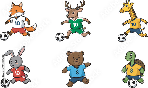 Anthropomorphic animals playing soccer, cartoon sports illustration, fox, deer, giraffe, rabbit, bear, turtle, colorful jerseys, kids activity, fun, teamwork, motion