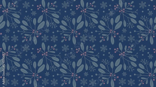 Royal Blue Christmas Pattern with Holly, Mistletoe & Snowflakes for Wrapping and Decor

