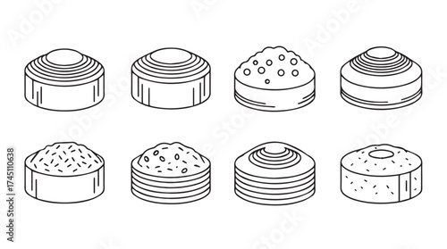 Eight different styles of doughnut toppings detailed line art isolated on vector