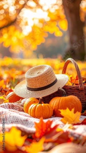 Straw Hat and Woven Picnic Basket in Autumn Garden