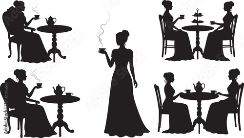 Elegant women silhouettes drinking tea, vintage tea party illustration, black dress figures, steaming cups, social gathering, leisure, classy, retro, feminine, graceful