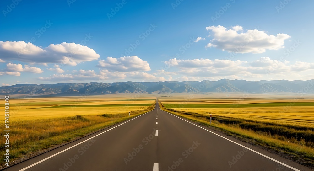 Naklejka premium Straight road leading to the mountains on a sunny day with blue sky