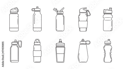 Collection of ten different water bottles and drink containers for sports and fitness vector