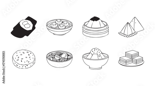 Hand drawn asian desserts and snacks collection set isolated line art simple design vector