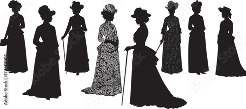 Victorian women silhouettes, vintage fashion illustration, long dresses, parasols, gloves, hats, elegant poses, historical style, retro clothing, black figures, antique, graceful