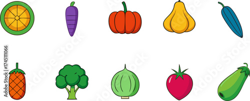 Diverse set of healthy fresh vegetables presented as colorful simple flat graphics
