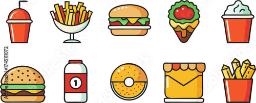 Flat style fast food icons collection set of delicious meal items for quick service restaurants