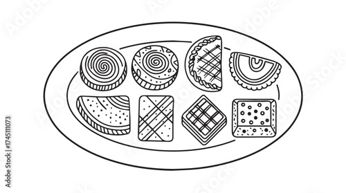 Artistic sketch of assorted desserts served on an oval platter captures sweet delicacies vector