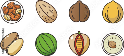 Collection of healthy nuts and seeds icons with natural textures and organic shapes