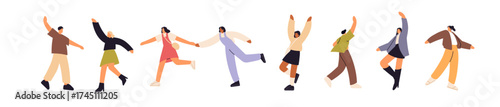 Happy people dance, have fun set. Joyful characters hands up, rejoice at success, celebrate holiday. Different men and women welcome, waving. Flat isolated vector illustration on white background
