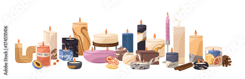 Composition of many scented candles with different shapes. Lots of aroma candlelights with burning fire. Trendy home decor. Cozy interior decoration. Flat isolated vector illustration on white