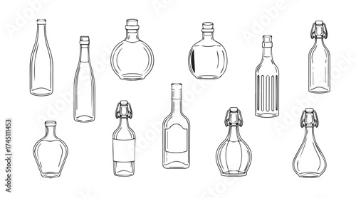 Hand drawn collection of assorted bottles with stoppers various shapes and sizes sketch vector