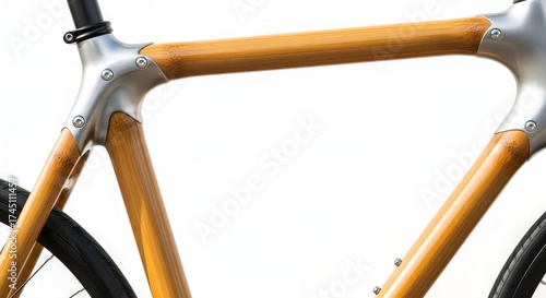 Modern bamboo bicycle frame with aluminum lugs isolated on white. Sustainable and eco-friendly transportation design. Detail of innovative craftsmanship and natural materials