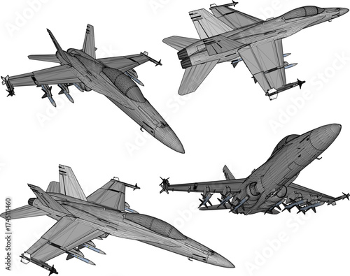 Vector sketch illustration of a silhouette design of a jet fighter aircraft with complete missile armament for air combat in World War II 