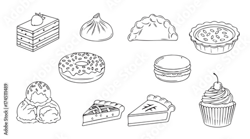 Collection of hand-drawn pastries and desserts stacked and arranged for food presentation vector