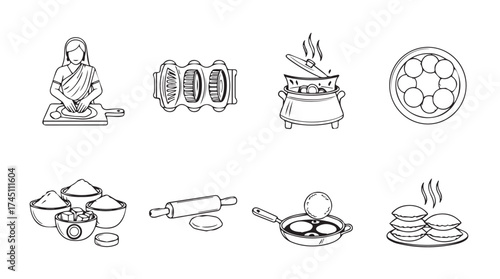 Hand drawn line art food preparation and cooking utensils icons collection representing culinary process vector