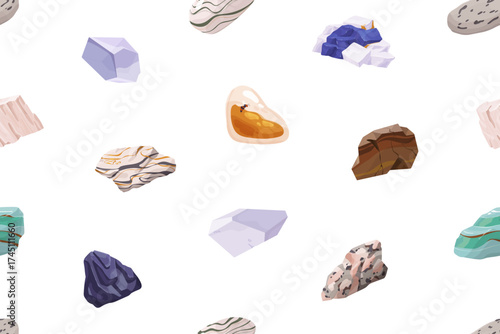 Endless background with mineral materials, stones. Repeatable pattern of different gems, gemstones. Smooth and rough rocks: granite, marble, amber. Geology backdrop. Flat seamless vector illustration