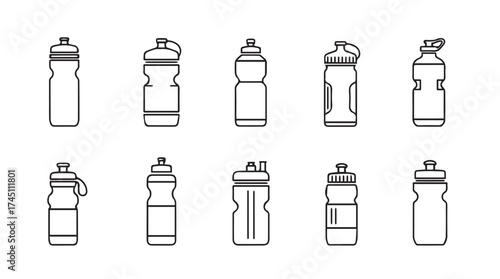 Set of ten various sports water bottles simple outline icons collection vector
