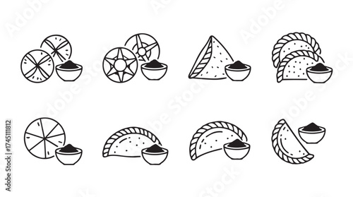 Hand drawn delicious empanadas and savory pastries with dipping sauce icons set food art vector