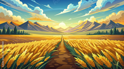 Field of wheat stretching to horizon beneath fluffy clouds and glowing peaks, realistic vector landscape radiating tranquility, sunlight, and timeless rural atmosphere.