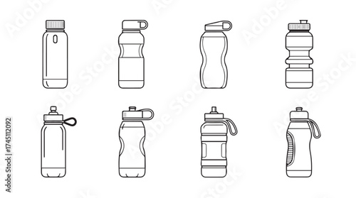 Collection of hand drawn sports water bottles with different cap styles and body designs vector