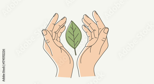 Gentle hands cradle a vibrant green leaf, symbolizing protection, growth, and environmental care in a clean, modern design.