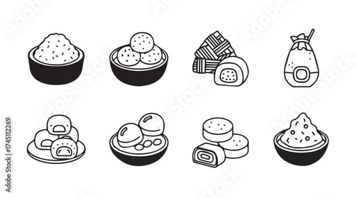 Hand drawn asian food set rice balls dumplings onigiri sushi soy sauce sketch style vector