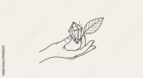 Elegant hand holding crystal with leaf, offering natural beauty and healing energy in minimalist line art style for wellness brands and creative projects