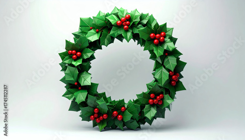 Low-poly Christmas wreath with faceted green leaves and red polygon berries on a white background showcasing geometric holiday decoration, modern 3D festive illustration, and minimalist digital art st