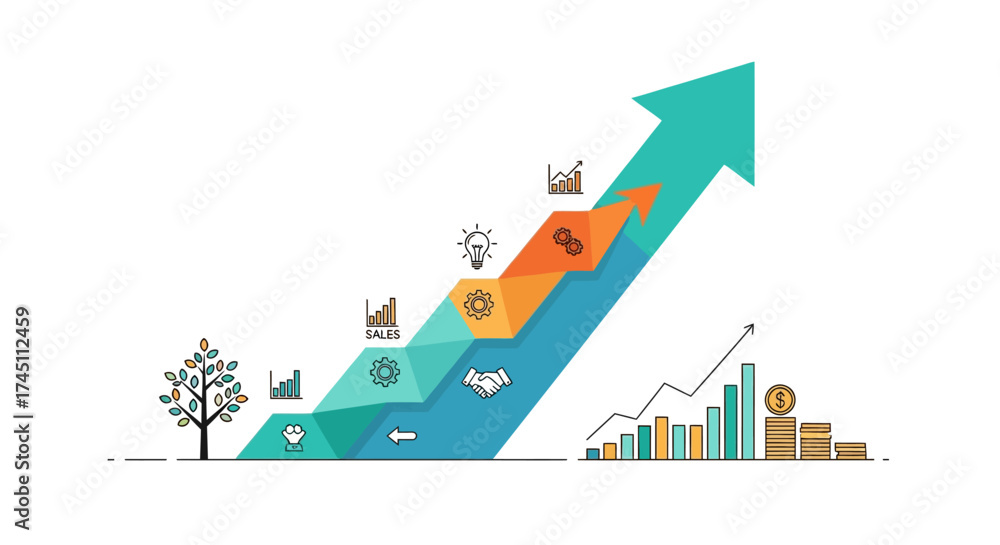 Obraz premium Visualize business growth and financial success with this modern arrow chart showing progress, sales increase, and strategic partnership development