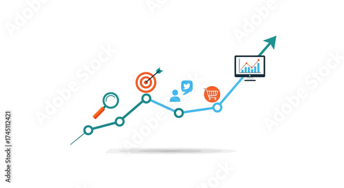 Boost your business with proven strategies represented by growing chart, target, social media, and shopping cart icons achieving success