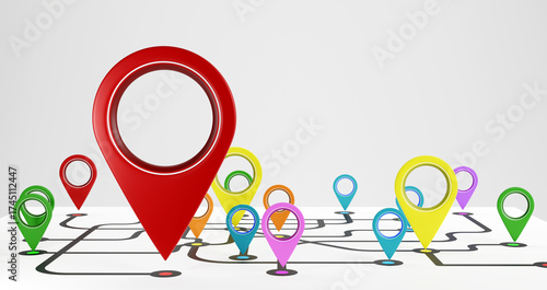 Fotografía Many colors of Location sign pin on route map background, 3d illustration