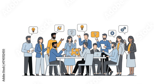 Diverse business team brainstorming innovative ideas during collaborative meeting to develop creative solutions and achieve company goals together