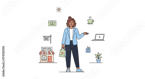 Empowering local business growth with vibrant illustrations and a modern woman championing small shops and community support for a sustainable future