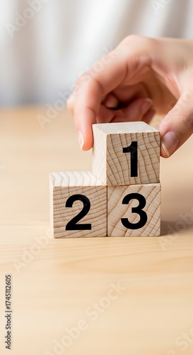 Hand placing wooden block with number one on top of two and three