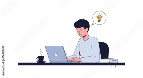 Young professional generating innovative ideas while working on laptop with coffee, ideal for boosting creative marketing and advertising campaigns online