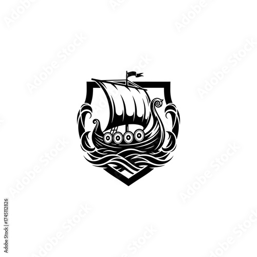 Silhouette image of a Viking longboat on waves, within a shield outline